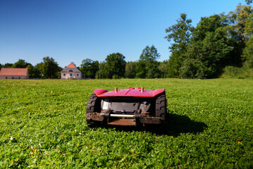 Red robotic lawn mower mows the grass on the lawn.