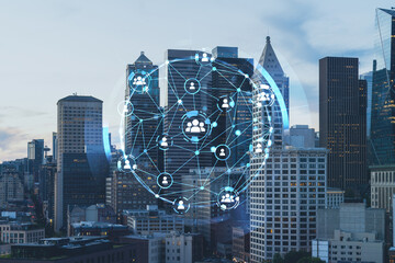 Seattle aerial skyline panorama of downtown at day time, Washington USA. Social media hologram. Concept of networking and establishing new people connections