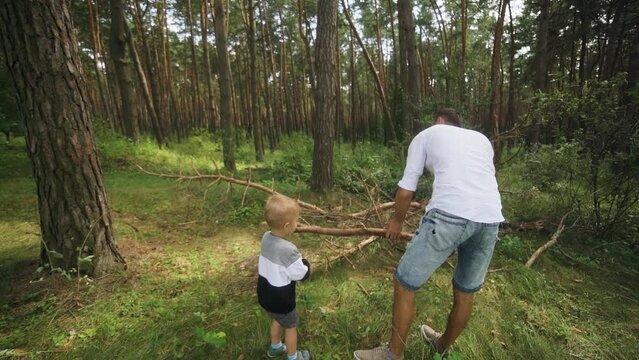 Father together son teenager carrying dry brushwood for fire in summer forest.