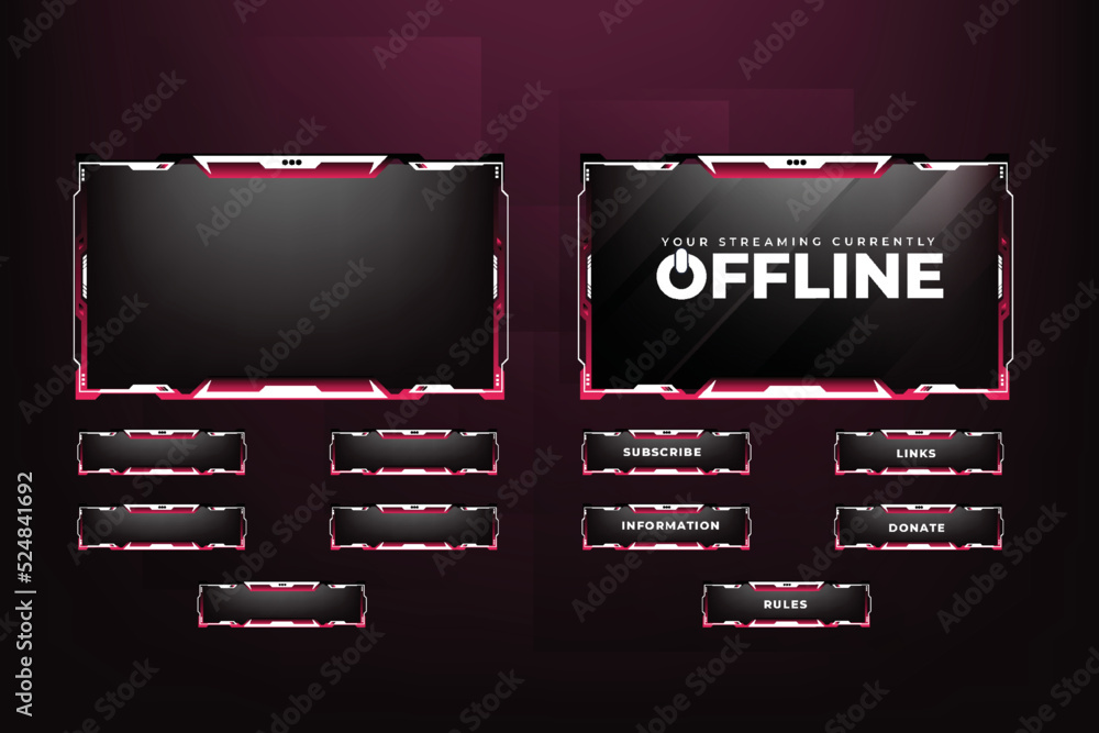 Poster futuristic gaming overlay vector with creative shapes. live streaming overlay design with red and wh