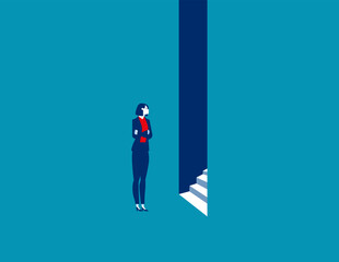 Businesswoman entering. Business accessibility vector illustration concept