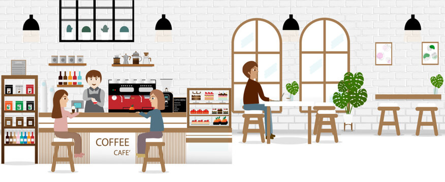 People in cozy cafe, coffee shop interior, customers and waitress, vector illustration. Stylish coffee house with cozy atmosphere. Smiling friends meeting in cafe and talking over a cup of tea