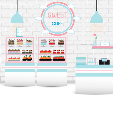 Interior background with modern bakery shop display counter,vector,illustration