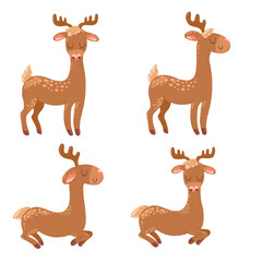 Vector image of a cute deer drawn in a cartoon style in different poses