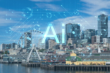 Fototapeta na wymiar Seattle skyline with waterfront view. Skyscrapers of financial downtown at day time, Washington, USA. Artificial Intelligence concept, hologram. AI, machine learning, neural network, robotics