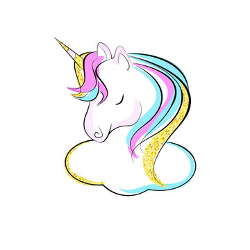Vector illustration of a unicorn. Colorful and gold glitters. Graphic design for children. Isolated on white background.