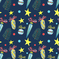Seamless Christmas pattern with yellow stars, glass Christmas tree toys and snowflakes. flowers. Cute hand-drawn watercolor illustrations on a blue background. Design for wrapping paper, textiles.