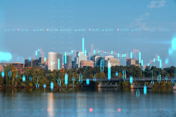 Naklejka premium Panoramic view, Washington towards Arlington financial downtown, city skyline over Potomac River. Virginia, USA. Forex candlestick graph hologram. The concept of internet trading, brokerage, analysis
