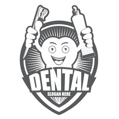 Black and white Cartoon Smiling tooth logo.It's Happy smile concept.