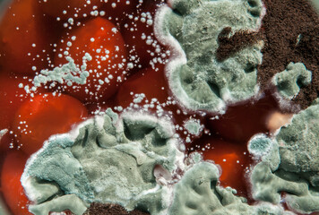 Mold close-up macro. Moldy fungus on food. Fluffy spores mold as a background or texture. Mold...