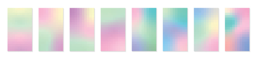 Fototapeta premium A collection of colorful mosaic gradient set illustrations. Modern trendy template vector design, grainy texture. For fliers, social media posts, screens, mobile apps, covers, wallpapers and branding.