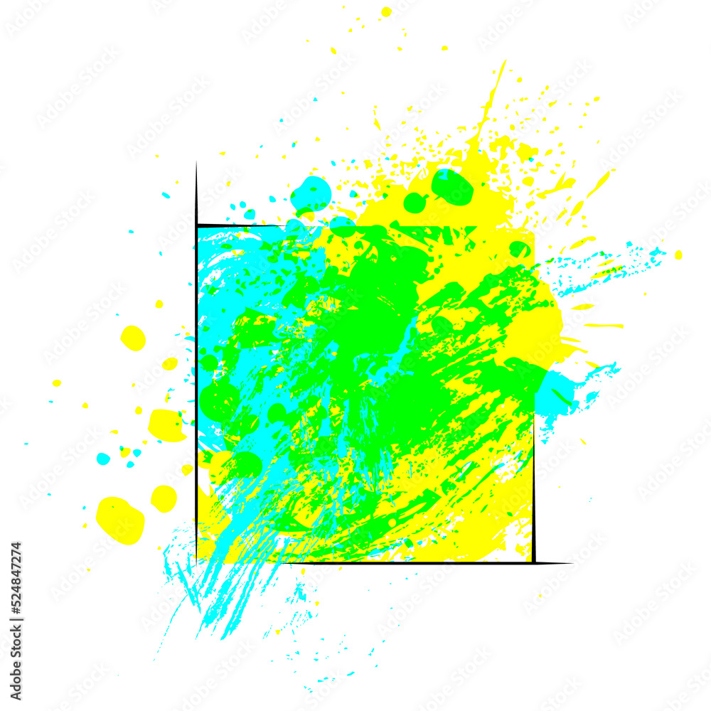 Poster bright ink watercolor splash, colorful blobs, abstract drops and strokes with black linear square on