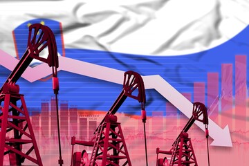 lowering down chart on Slovenia flag background - industrial illustration of Slovenia oil industry or market concept. 3D Illustration