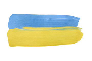 Fototapeta premium Hand drawn flag of Ukraine. Yellow and blue strokes of paint on white isolated background. The national symbol of the country. Flag concept with colorful brush strokes. UA. Close-up macro shot.