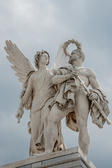 Naklejka premium Closeup view at Roman statues in Schloss Bridge near Berlin Cathedral and Unter den Linden street in historical and museum downtown of Berlin, Germany, with copy space.