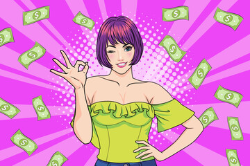 surprise business woman successful and shocking with Falling Money say WOW OMG Pop art retro comic style