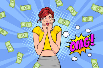 surprise business woman successful and shocking with Falling Money say WOW OMG Pop art retro comic style