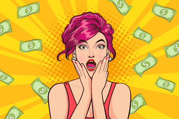 surprise business woman successful and shocking with Falling Money say WOW OMG Pop art retro comic style