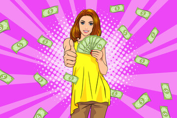 surprise business woman successful and shocking with Falling Money say WOW OMG Pop art retro comic style