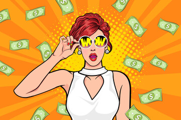 surprise business woman successful and shocking with Falling Money say WOW OMG Pop art retro comic style