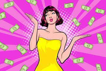 Obraz na płótnie Canvas surprise business woman successful and shocking with Falling Money say WOW OMG Pop art retro comic style