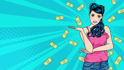 surprise business woman successful and shocking with Falling Money say WOW OMG Pop art retro comic style