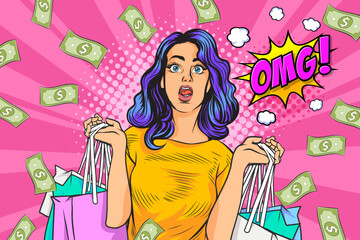 surprise business woman successful and shocking with Falling Money say WOW OMG Pop art retro comic style
