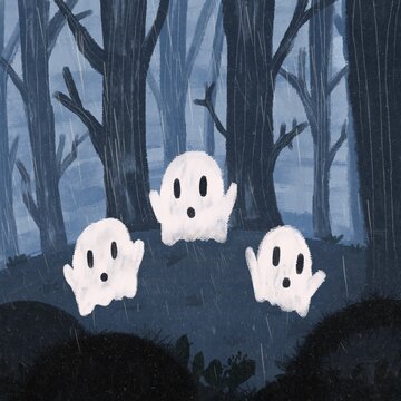 tres fantasmas en un bosque solitario por la noche