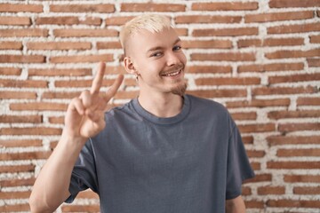 Young caucasian man standing over bricks wall smiling looking to the camera showing fingers doing victory sign. number two.