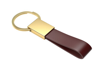 Luxury gold keychain with leather strap on transparent background