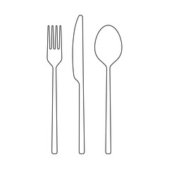 Fork, spoon, knife outline icon. Cutlery set. Modern silverware or tableware black silhouette. Vector illustration. 