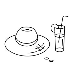 summer hat and glass of drink outline on a white background