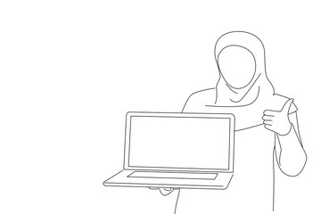 Fototapeta na wymiar Drawing of arabian muslim girl in hijab hold laptop pc computer with blank empty screen showing thumb up. Outline drawing style art