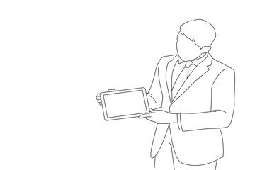 Cartoon of creative young engineer in a business suit with a tie presents display a tablet.. Oneline art drawing style