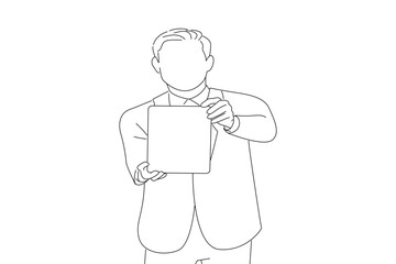 Illustration of creative young programmer presents display a tablet. One line art