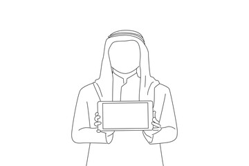 Cartoon of good looking asian man introduce application, project or financial presnetation, showing digital tablet screen. Oneline art drawing style