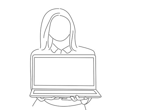 recommend clip art: Cartoon of happy businesswoman showing blank laptop screen looking at camera. One line art