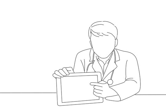 recommend clip art: Drawing of male doctor showing a blank screen image on a tablet. Outline drawing style art