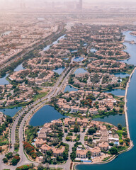 Aerial of the Jumeirah Islands in Dubai, United Arab Emirates on a very hot day