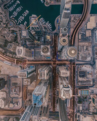 Aerial drone shot of the cityscape of Dubai Marina in Dubai, United Arab Emirates