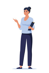 Woman introduce, show and present something. Business speaker standing with clipboard and pointing direction, gesturing with arm. Female presenter. Vector illustration.