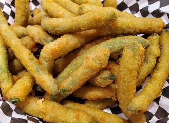 Closeup of a stack of fried green beans