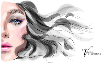 Beautiful woman face makeup vector fashion illustration. Hand drawn line art sketch for cosmetic products sale banner background design, make up artist business card template.