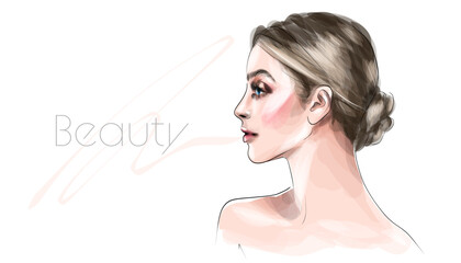 VECTOR stylish original hand-drawn graphics portrait with beautiful young attractive girl model for design. Fashion, style, beauty . Graphic, sketch drawing. Sexy woman