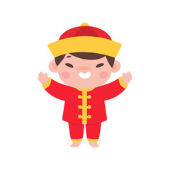 Chinese children wear red national costumes to celebrate Chinese New Year.