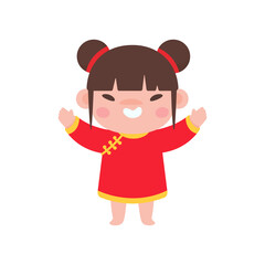 Chinese children wear red national costumes to celebrate Chinese New Year.