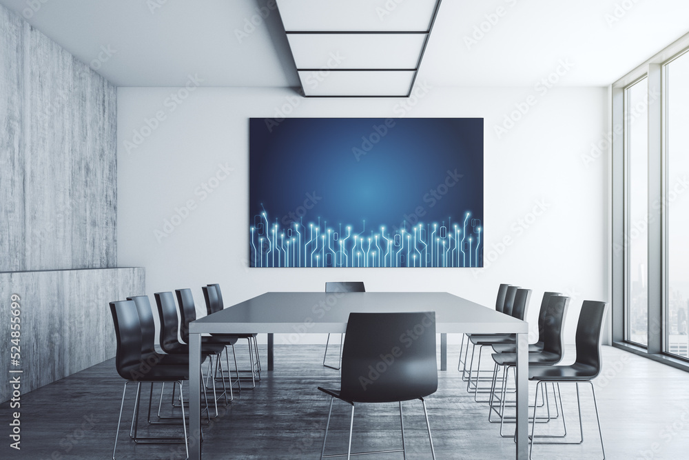 Poster creative abstract micro circuit sketch on presentation monitor in a modern boardroom, future technol