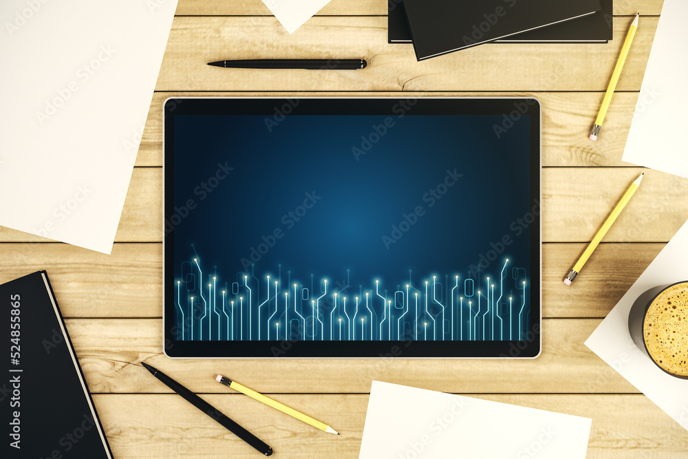Poster Creative abstract micro circuit sketch on modern digital tablet screen, future technology and AI concept. Top view. 3D Rendering