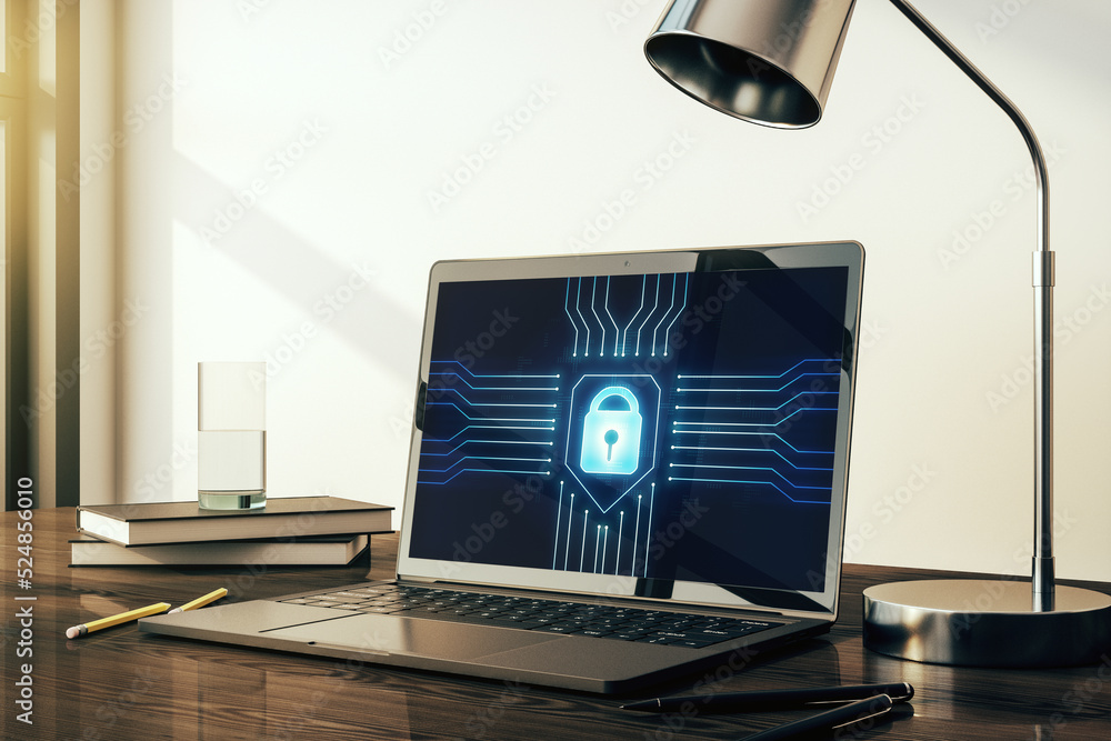 Aufkleber Creative lock sketch with chip hologram on modern computer monitor, protection of personal data concept. 3D Rendering