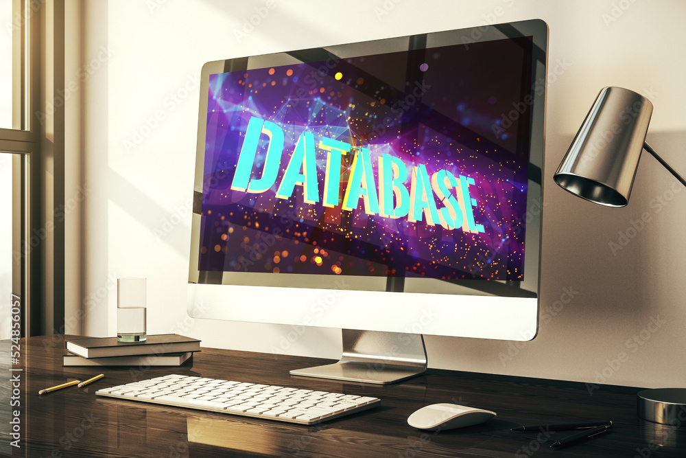 Fototapete modern computer screen with database word sign, global research and analytics concept. 3d rendering